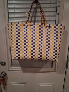 Checkerboard Woven Tote Bag in Yellow, White & Purple